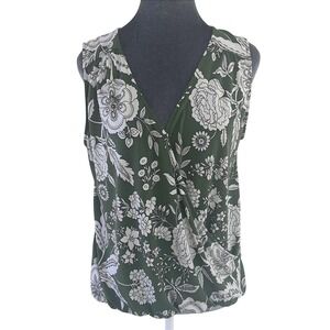 West K Cottagecore Botanical Bottle Green Knit Floral Surplice Sleeveless Top L